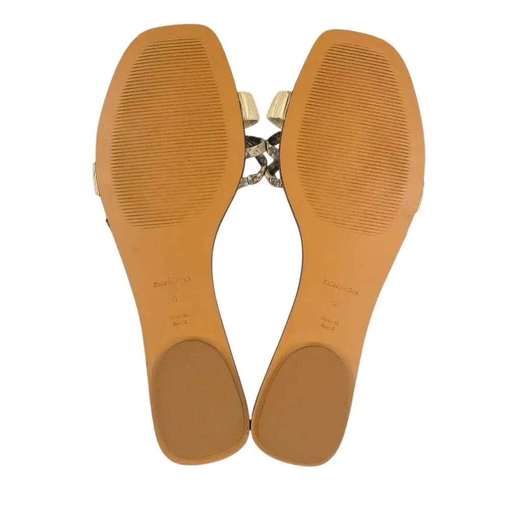 Reformation Katina Strappy Flat Slide Sandals Parmesan and Snake
